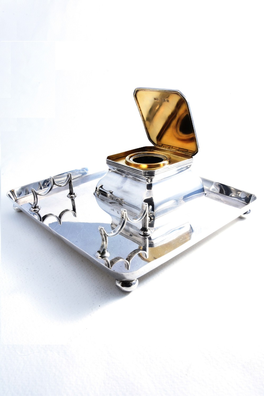 Large Edwardian Solid Silver Inkwell and Tray 1908