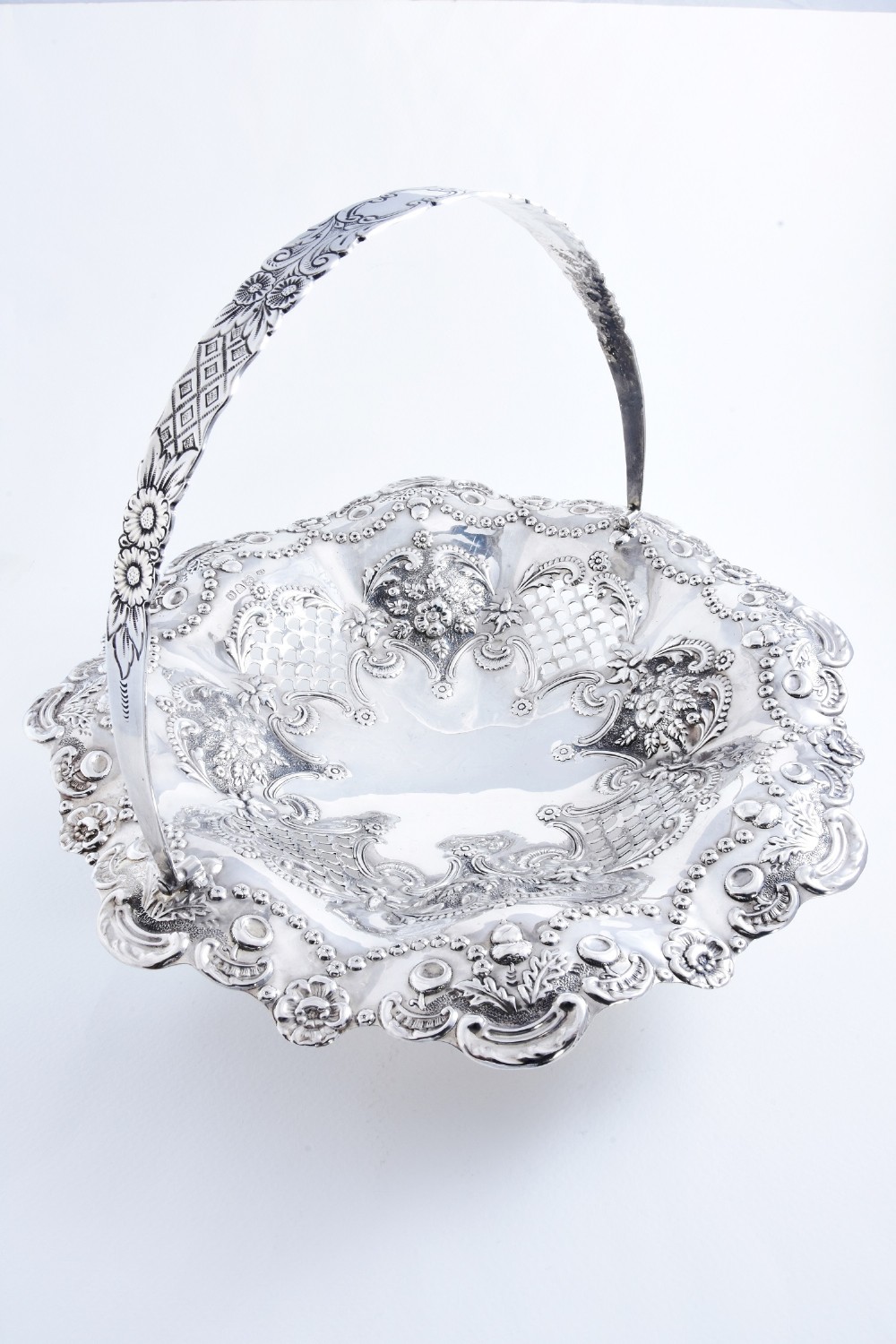 Large Solid Silver Circular Swing Handle Basket - Chester 1897