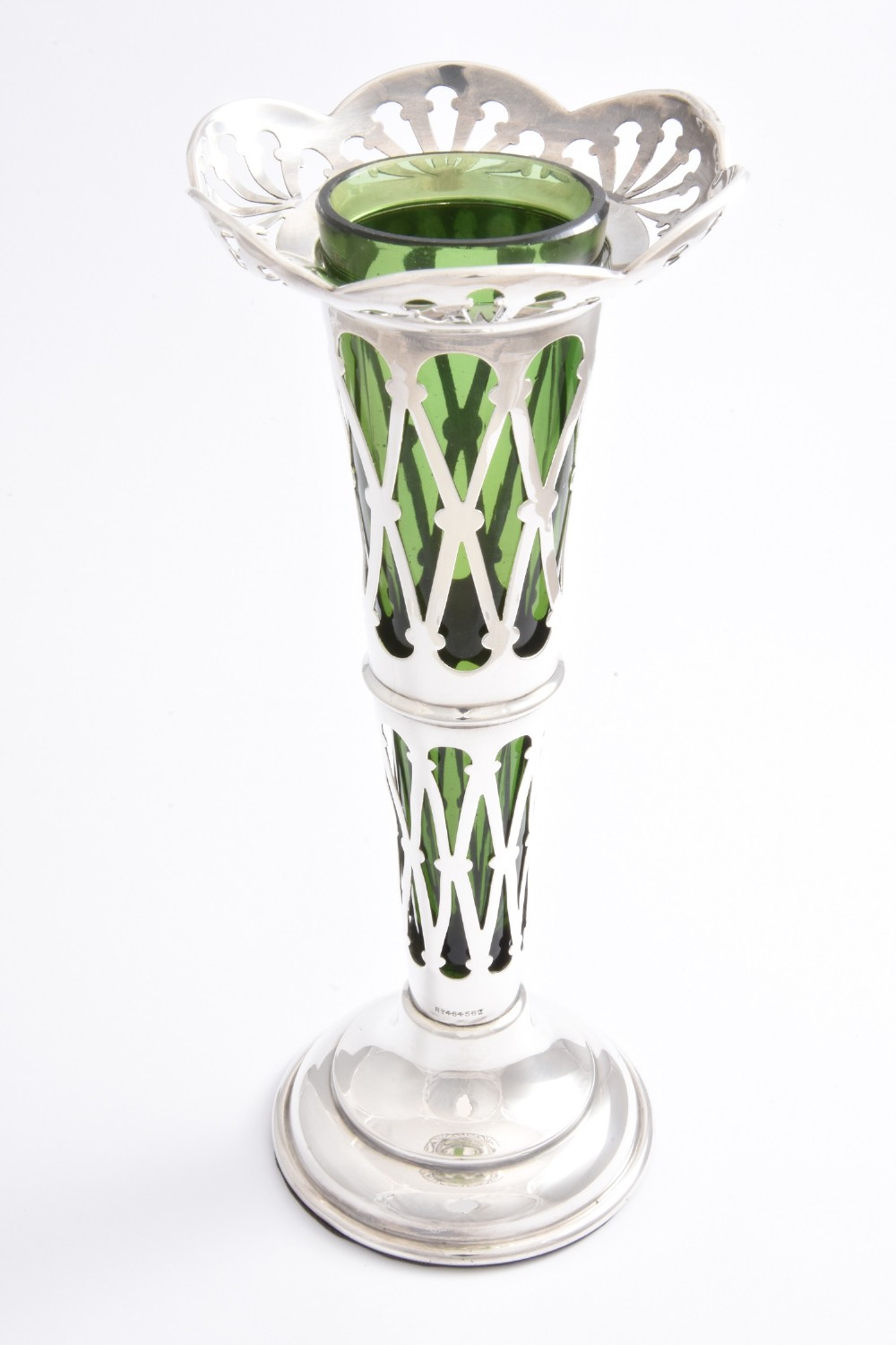Antique Silver Lattice Vase with Green Glass Liner 1908