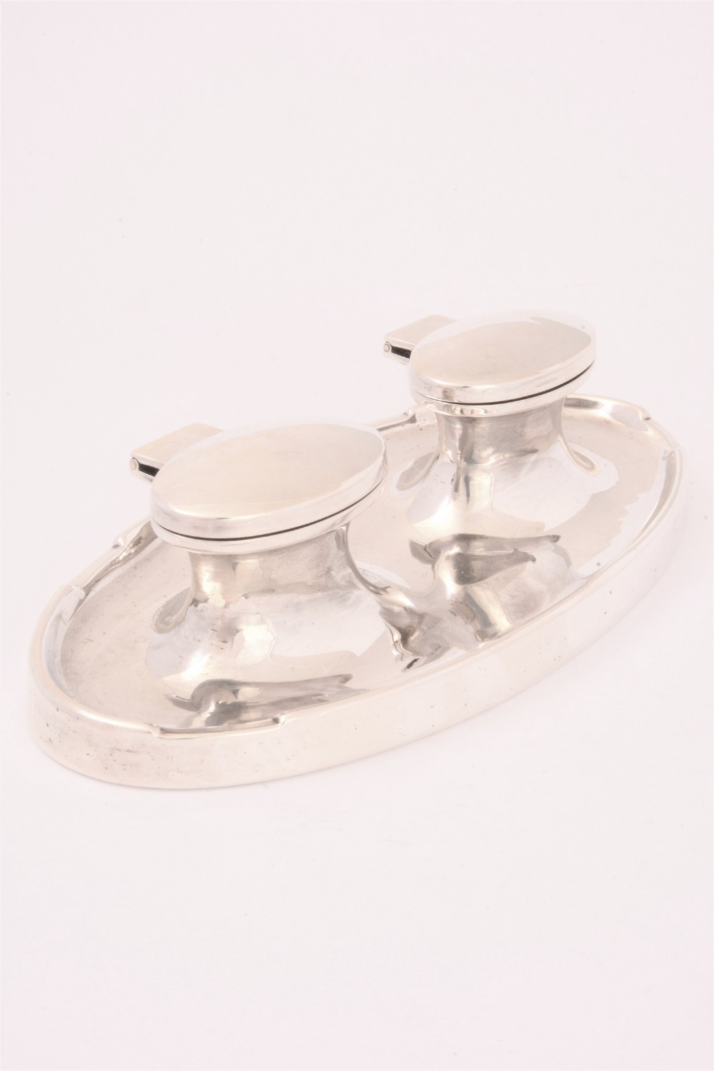 Solid Silver Double Inkwell & Stand 1913