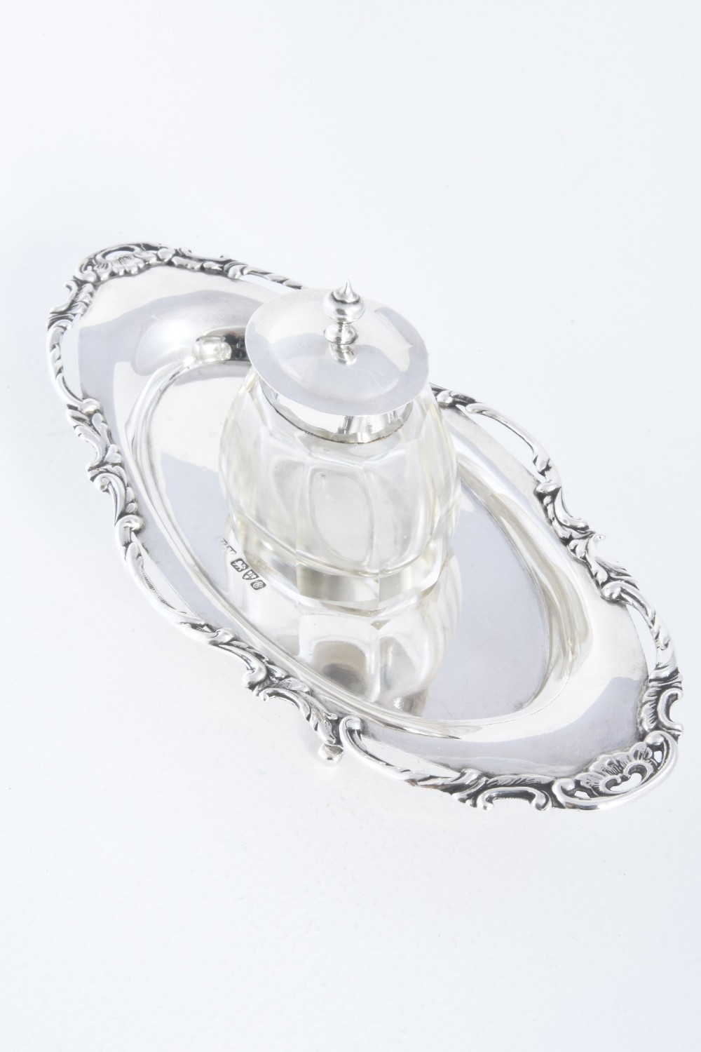 Antique Silver Inkwell and Tray - Chester 1905