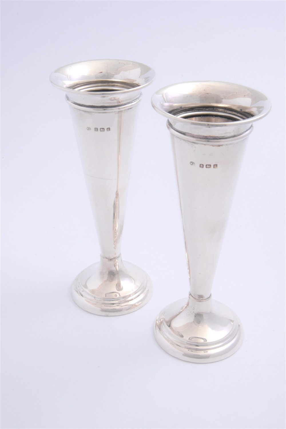 Pair of Edwardian Antique Silver Trumpet Vases 1906