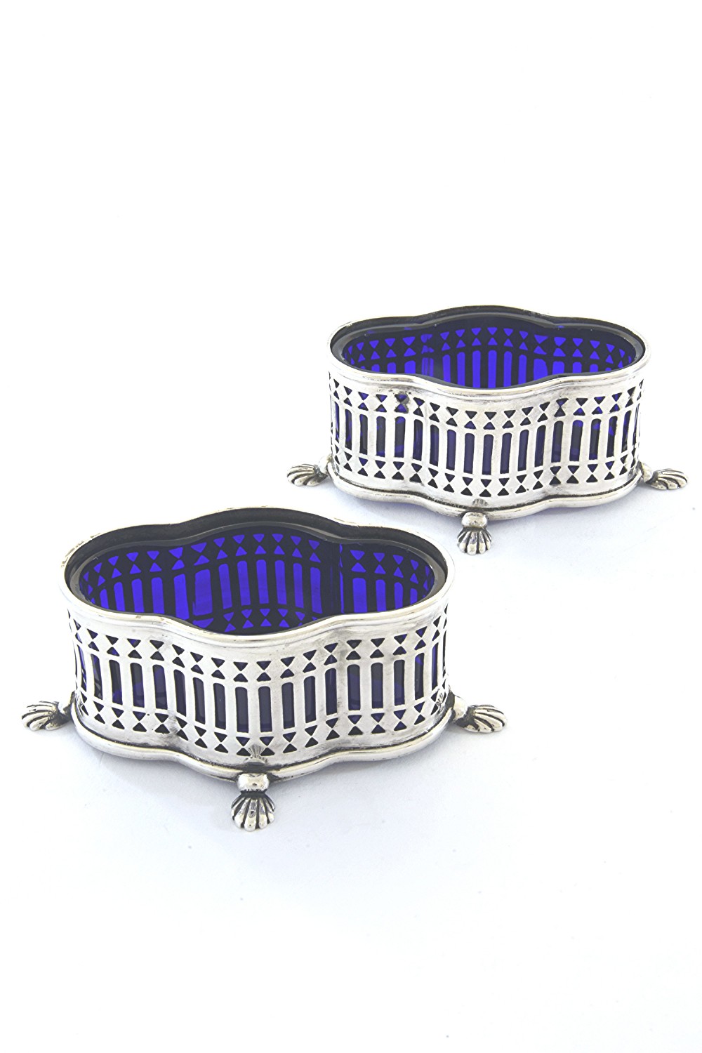 Pair of Edwardian Pierced Silver and Blue Glass Salts 1902