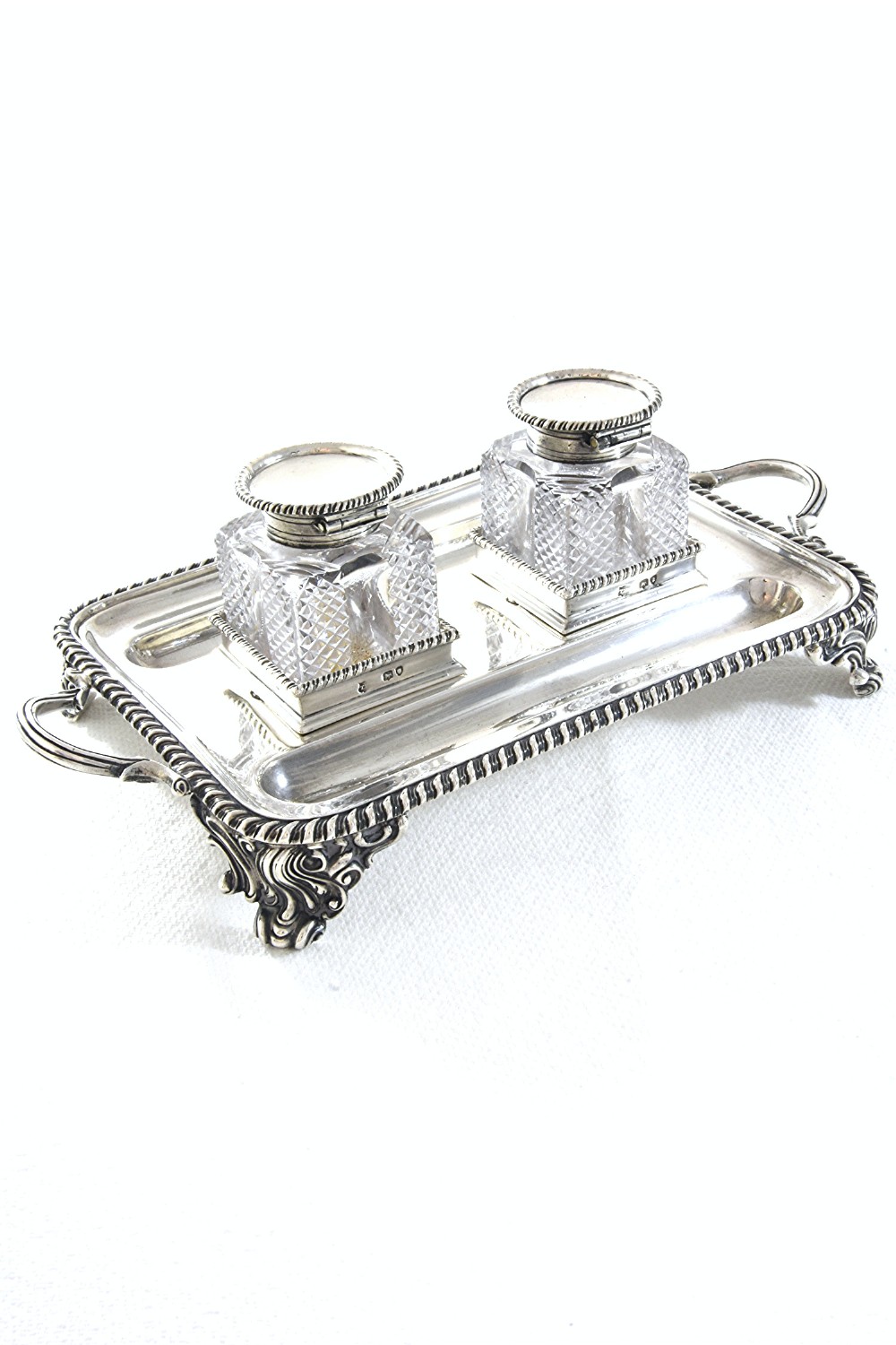 Victorian Silver Inkwells & Stand 1894