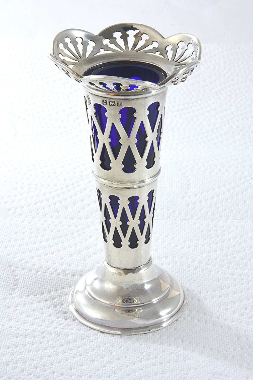 Edwardian Silver Posy Vase with Blue Glass Insert 1905