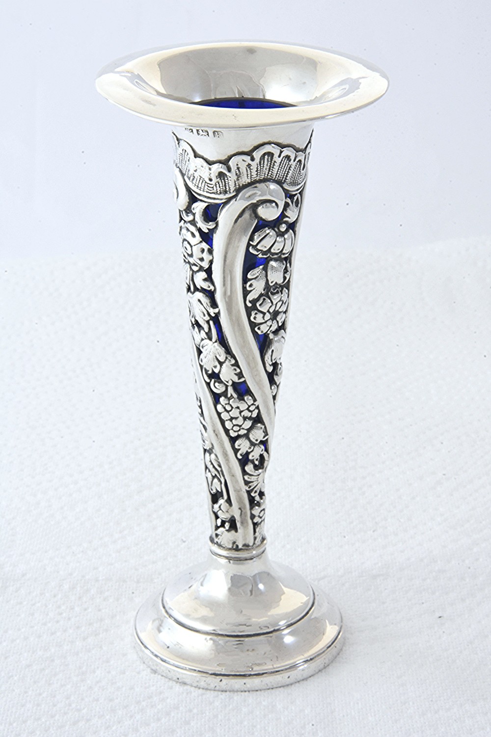 Edwardian Silver Posy Vase with Blue Glass Insert 1909