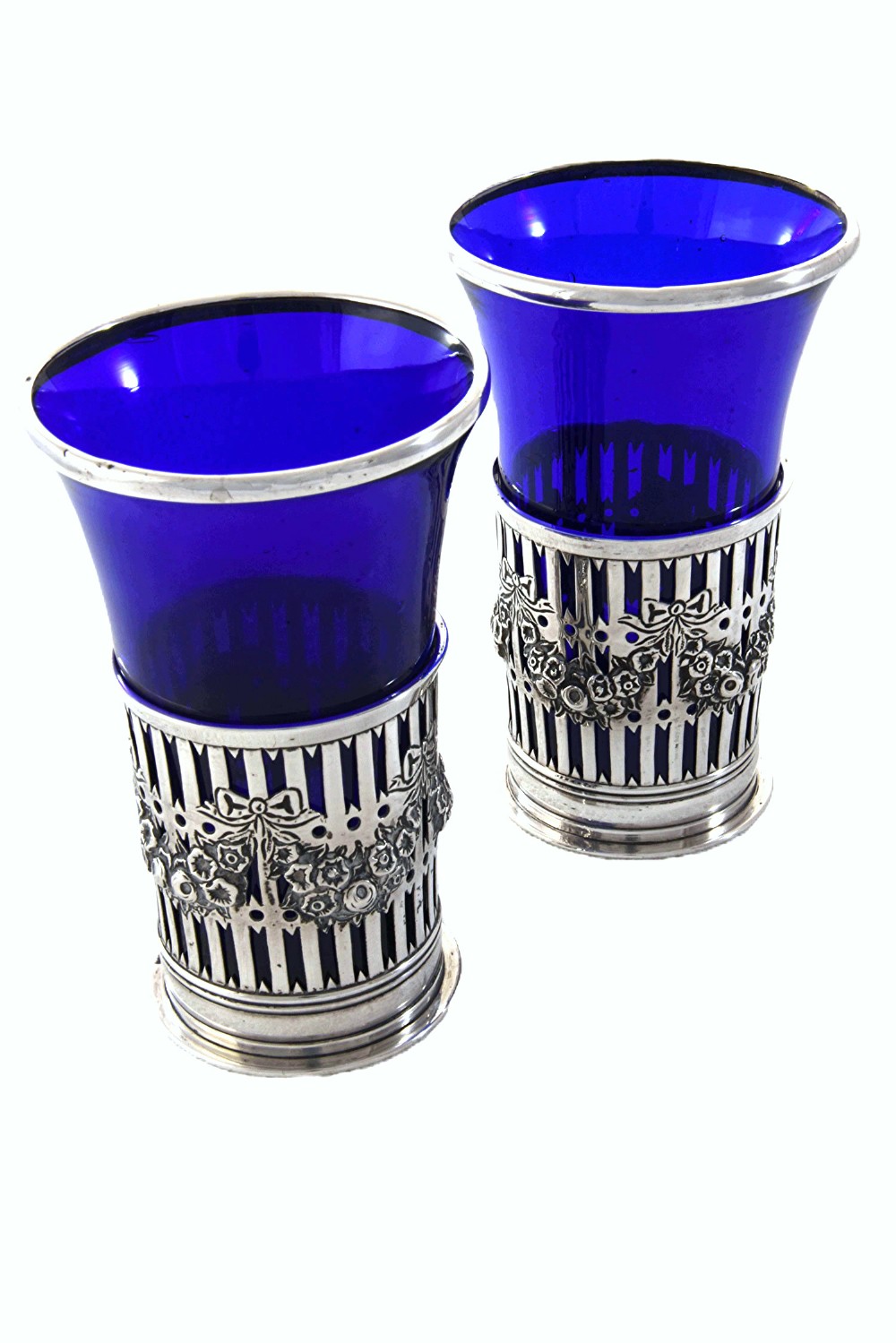 Pair of Victorian Silver and Blue Glass Vases 1897
