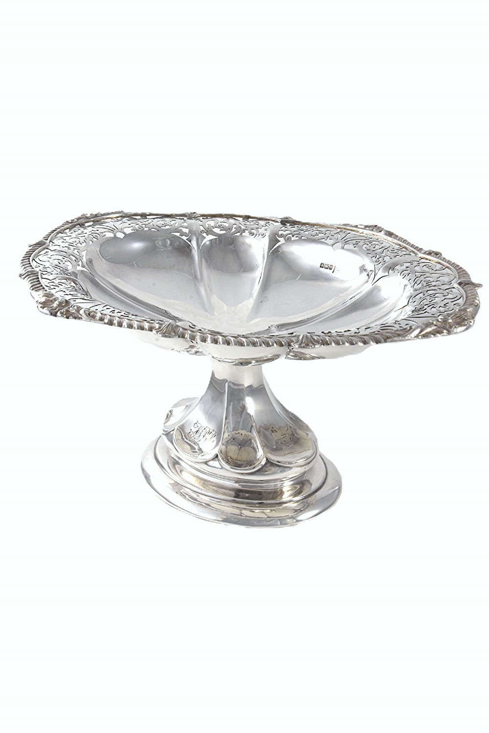 A solid sterling silver Edwardian pedestal dish with pierced decorative borders and a fluted lobed interior. View II