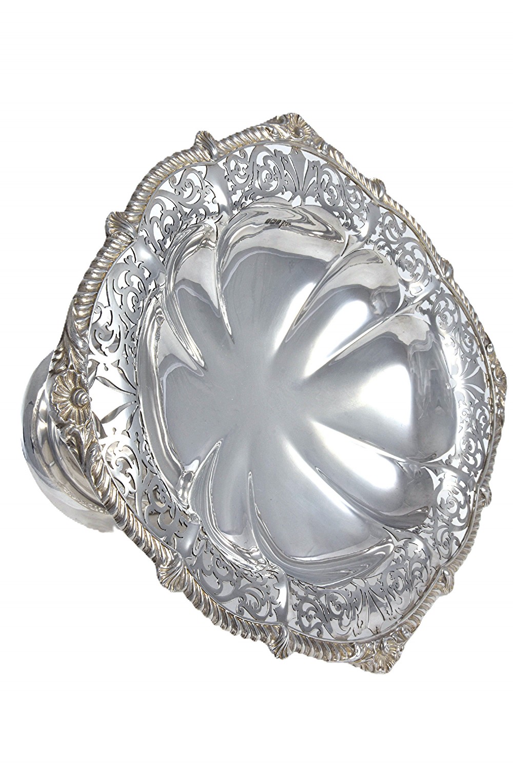A solid sterling silver Edwardian pedestal dish with pierced decorative borders and a fluted lobed interior. View III