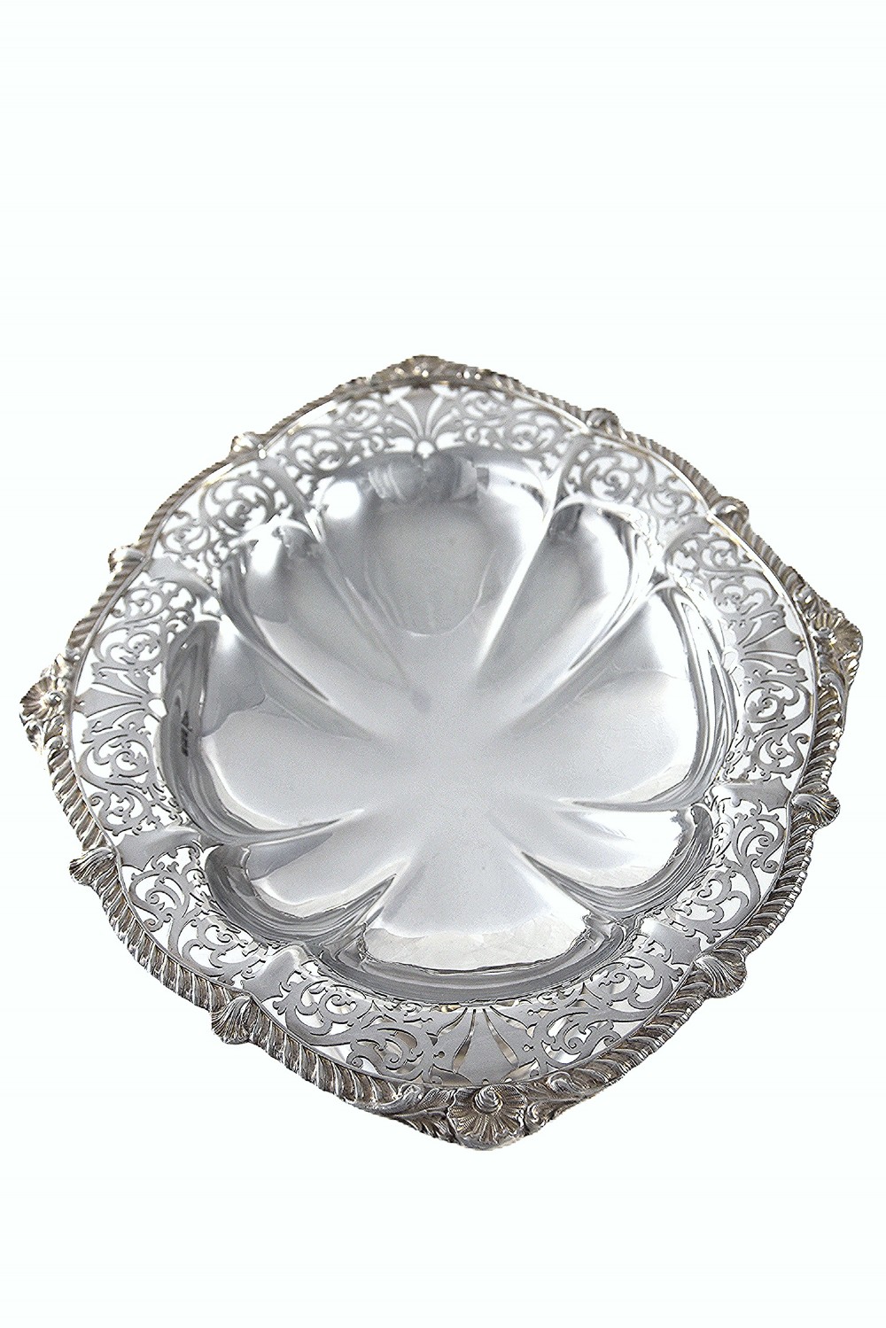 A solid sterling silver Edwardian pedestal dish with pierced decorative borders and a fluted lobed interior. View IV