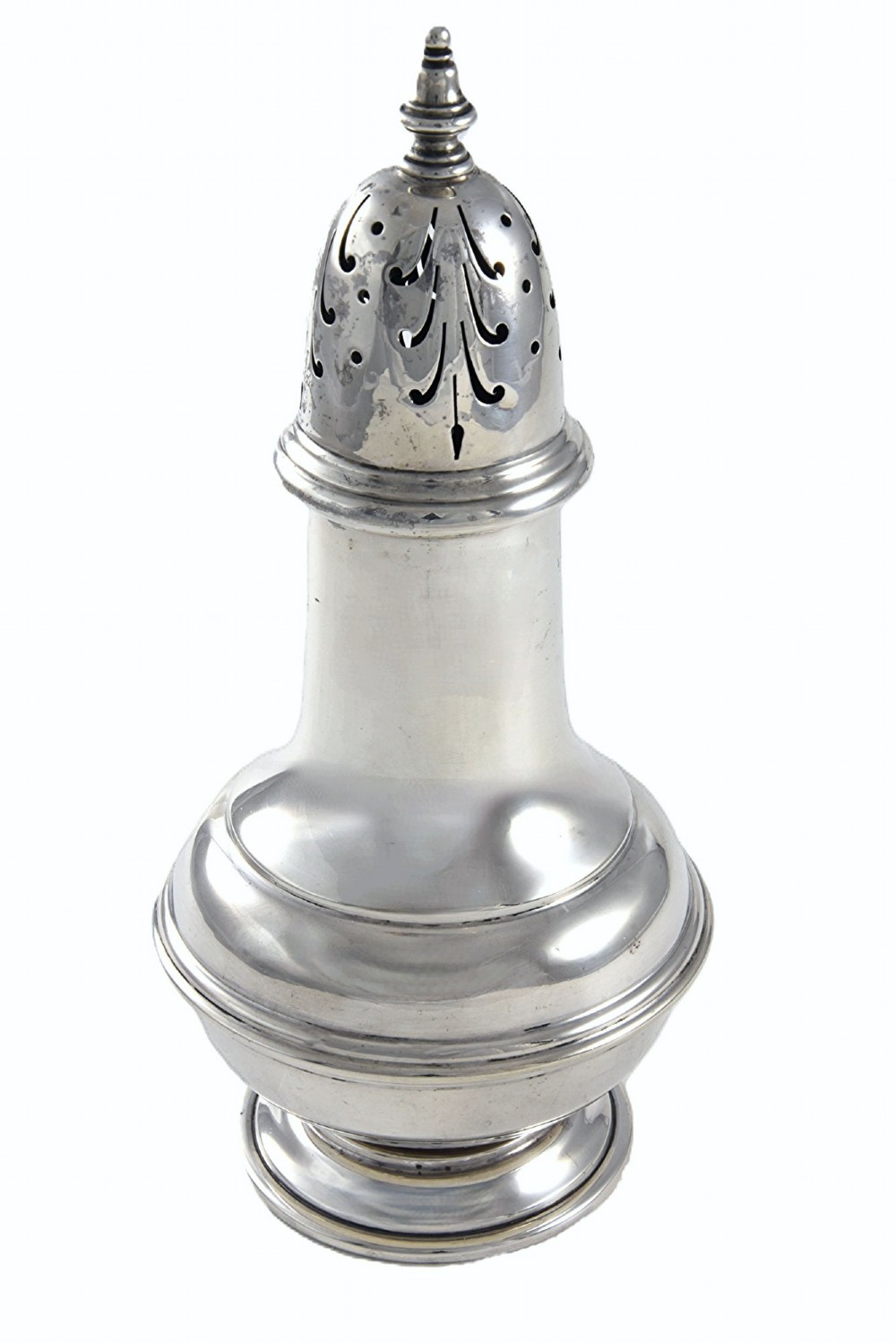 A George V sterling silver sugar caster featuring a pierced dome lid with finial, baluster body, stepped base, and visible hallmarks. View II