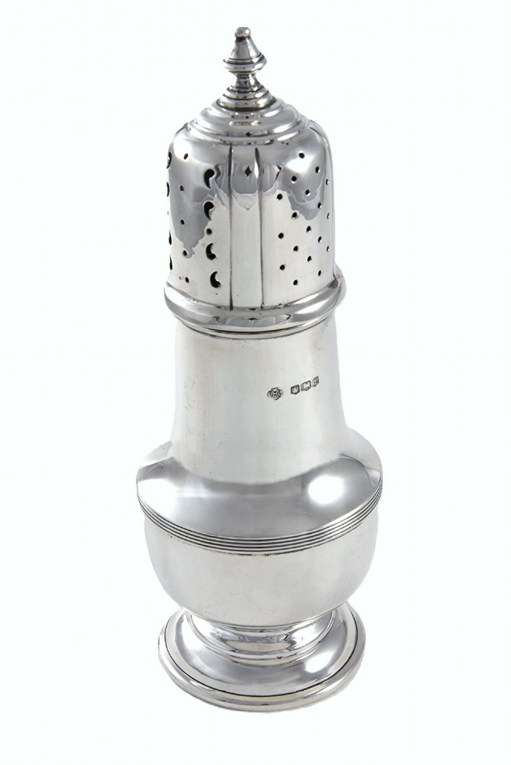 A solid sterling silver sugar caster featuring a baluster-shaped body, pierced dome lid with finial, and British hallmarks on the side.