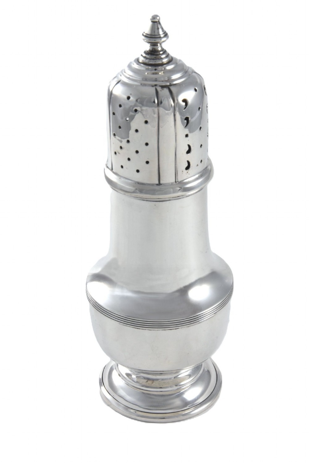 A solid sterling silver sugar caster featuring a baluster-shaped body, pierced dome lid with finial, and British hallmarks on the side. View II