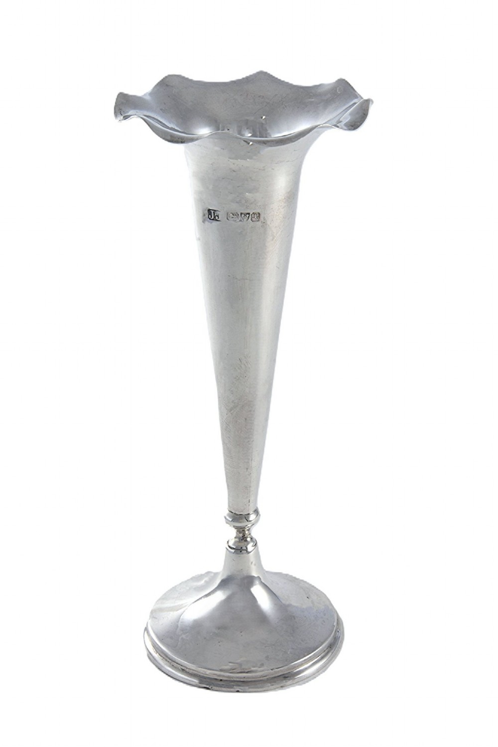 A late Victorian sterling silver trumpet posy vase featuring a fluted, wavy rim and a round pedestal base.