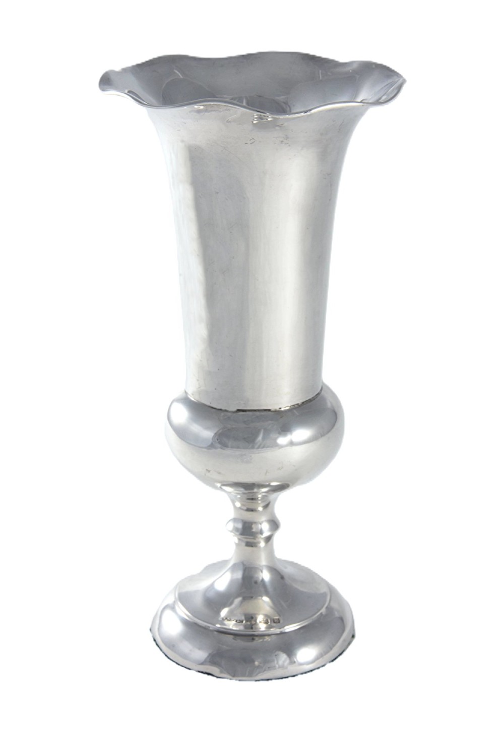 An Edwardian sterling silver posy vase featuring a flared, wavy rim, a central knop, and a circular stepped pedestal base. View II