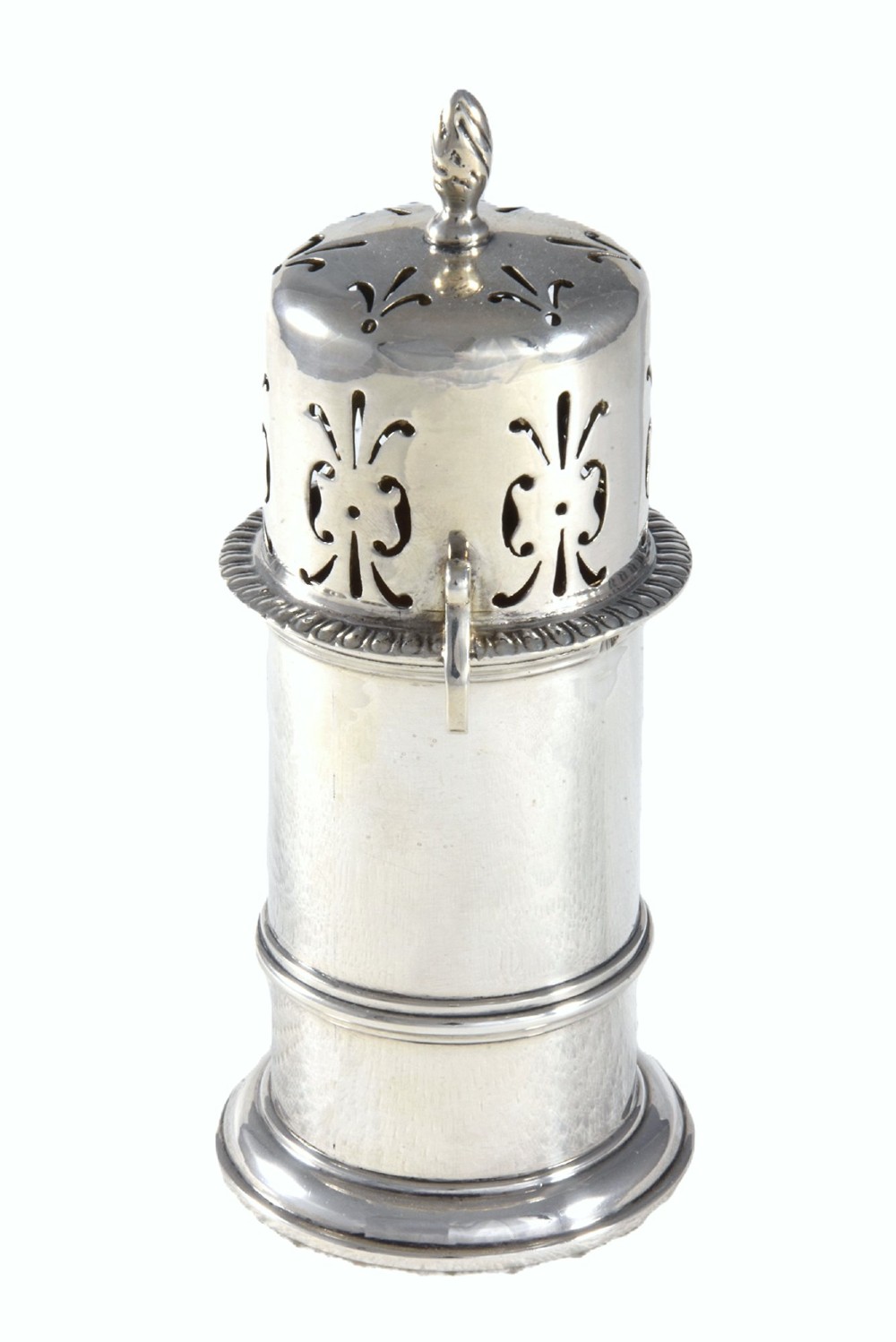 A cylindrical Victorian sterling silver sugar caster featuring a pierced decorative cap topped with a spiral finial.