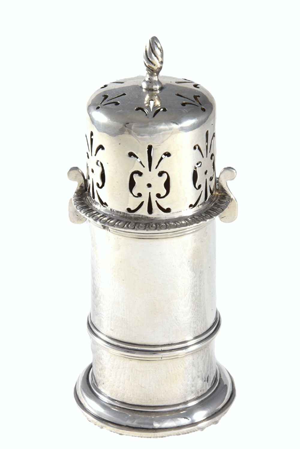 A cylindrical Victorian sterling silver sugar caster featuring a pierced decorative cap topped with a spiral finial. View II