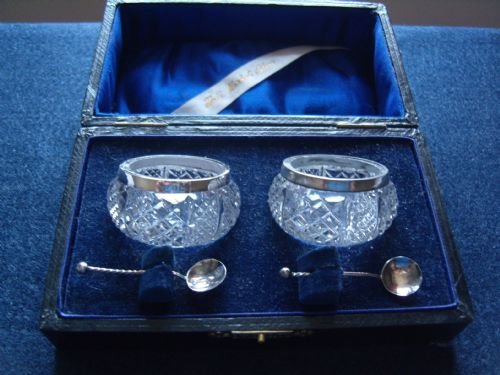 Pair Boxed Edwardian Cut Glass and Silver Salts with Spoons