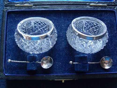 fig 1. Pair Boxed Edwardian Cut Glass and Silver Salts With Spoons