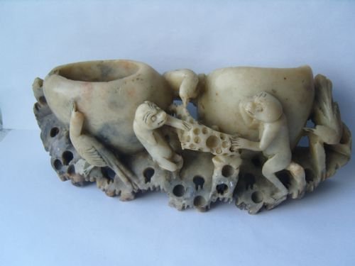 Lovely Edwardian Soapstone Vase Carving with Monkies & Birds