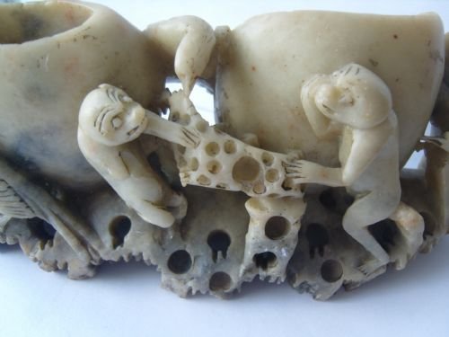 fig 2. Lovely Edwardian Soapstone Vase Carving With Monkies & Birds