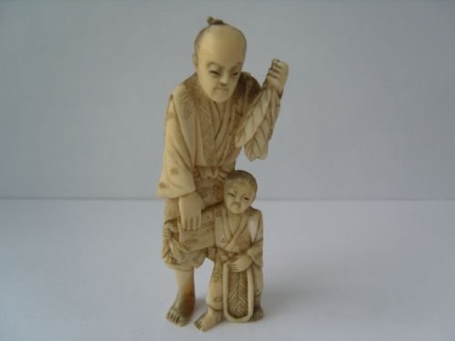 Japanese Ivory Okimono Carving Man & Boy C1900