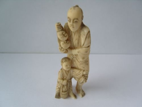 Stunning Japanese Carved Ivory Okimono Man & Boy C1900