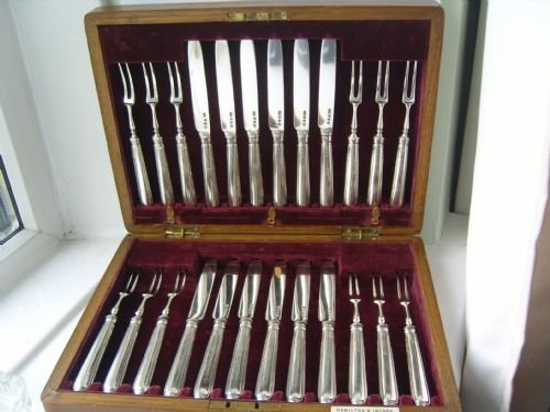 Stunning Set of 12 Pairs Scottish Silver Desert Knives & Forks in Oak Case