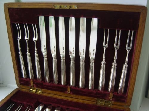 fig 1. Stunning Set Of 12 Pairs Scottish Silver Desert Knives & Forks In Oak Case