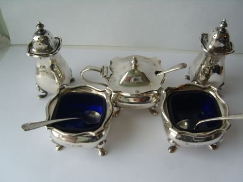 fig 1. Beautiful 5 Piece Hallmarked Boxed Silver Cruet Set