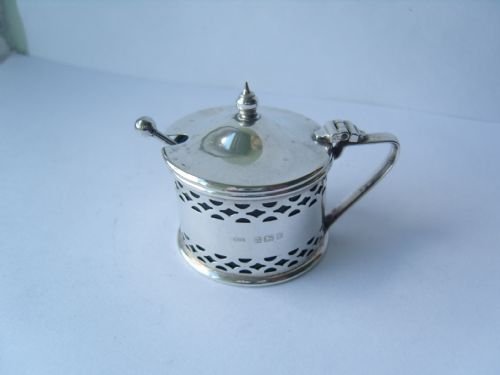 Lovely Hallmarked Silver Pierced Mustard Pot & Spoon