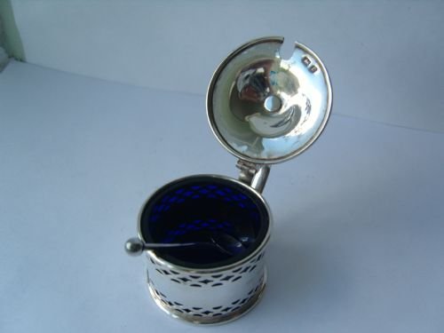 fig 1. Lovely Hallmarked Silver Pierced Mustard Pot & Spoon