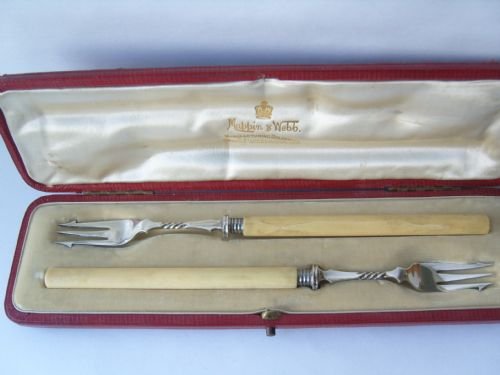 Stunning Boxed Set of Edwardian Silver & Ivory Handled Pickle Forks