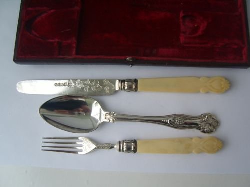 fig 1. Lovely William IV Boxed Three Piece Silver Christening Set