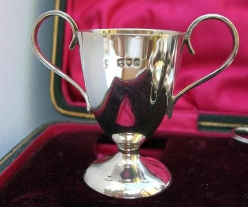 fig 1. Cased Set of 6 Silver Tot Cups Trophy Style London 1914
Cased Set of 6 Silver Trophy Style Tots London 1914