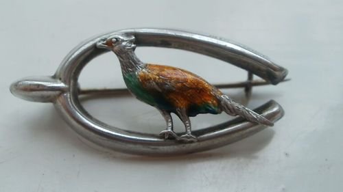 Solid Silver & Enamel Wishbone Grouse Brooch Birmingham 1917
