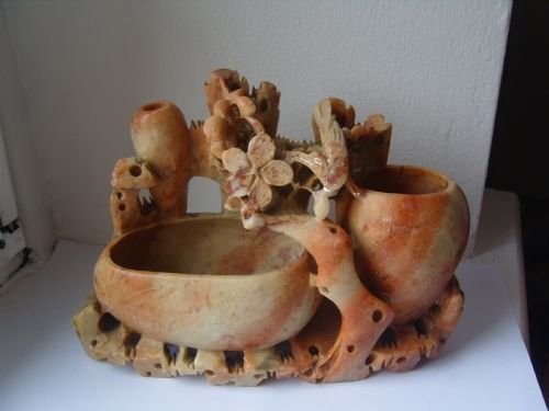 Lovely Edwardian Soapstone Vase Carving with Decorative Birds