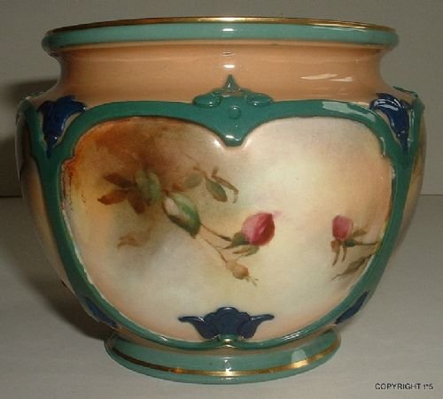 fig 1. ROYAL WORCESTER HADLEY WARE ROSE PAINTED JARDINIERE DATED 1905