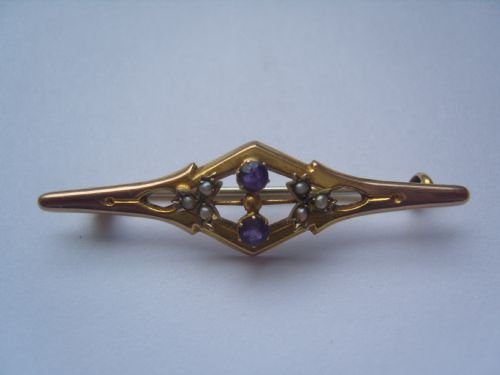 Antique Art Nouveau 9ct Gold Amethyst& Seedpearl Brooch