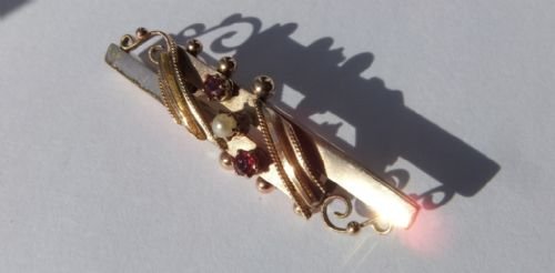 fig 1. Edwardian 9ct gold brooch hallmark Chester 1903 beaded rubies pearl antique