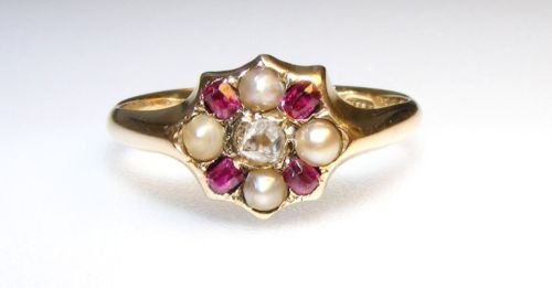 Pretty Victorian 15ct Ruby, Pearl & Diamond Cluster Ring
