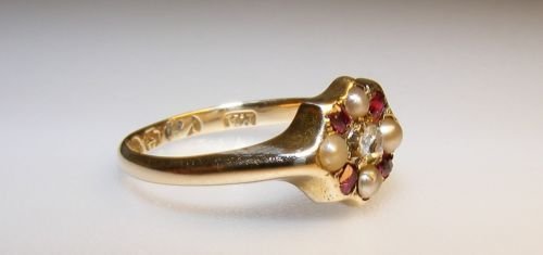 fig 1. PRETTY VICTORIAN 15ct RUBY, PEARL & DIAMOND CLUSTER RING