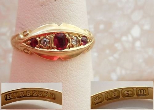 fig 2. Stunning Antique 1911 18ct GOLD DIAMONDS & RUBYS RING : UK: N