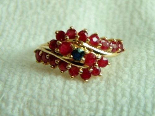 fig 1. STUNNING ANTIQUE 15CT GOLD RUBY + SAPPHIRE TWIST RING.
