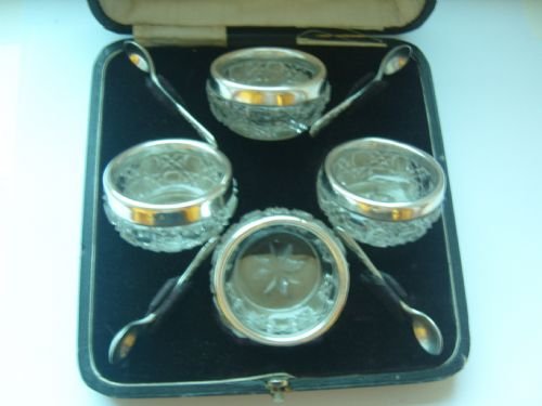 Superb Edwardian Boxed Set of Four Cut Glass & Silver Araimmed Salts & Silver Spoons