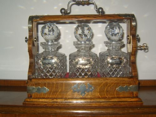 Outstanding Edwardian Oak Three Bottle Tantalus