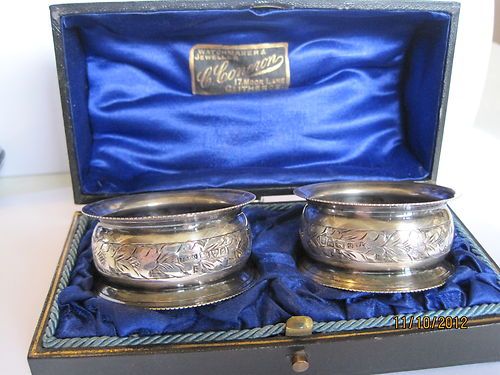 Boxed Pair Antique Silver Napkin Rings Chester 1903
