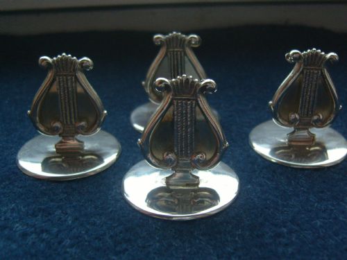 Rare Set of Four Silver Menu Holders with Harp Design