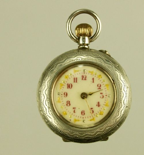 Beautiful Antique Silver Engraved Ladies Fob Watch Enamel Dial C1900