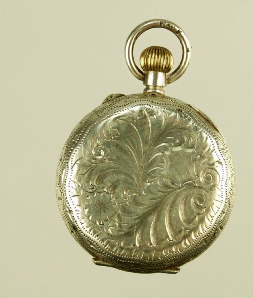 fig 1. BEAUTIFUL ANTIQUE SILVER ENGRAVED LADIES FOB WATCH ENAMEL DIAL C1900